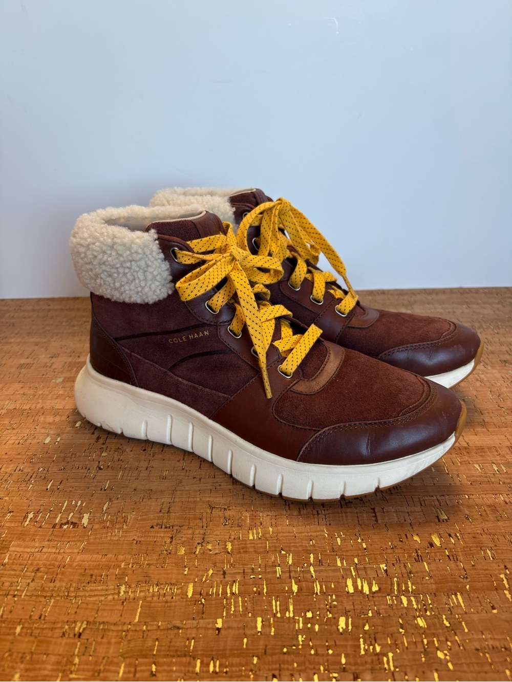 Cole Haan Womens Lace Up Shearling-Trim High-Top Sneaker Boots